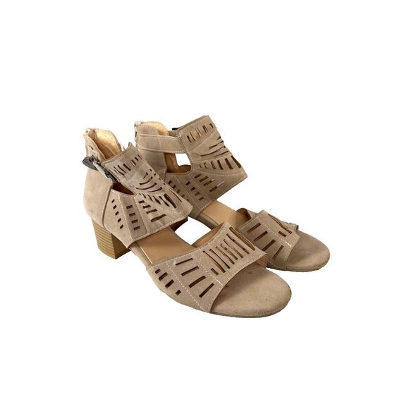 Boho Coastal Block Heel Sandals 42 10 Laser Cut Geo Ankle Cuff Neutral Western - Picture 2 of 15
